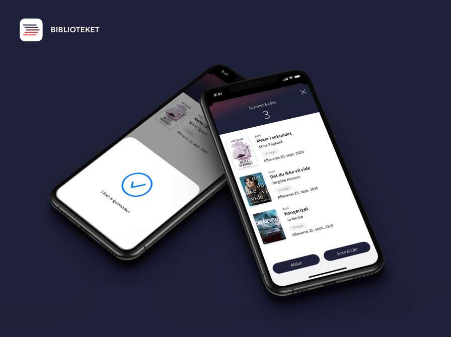 Billede af skan og lån via appen på to mobiltelefoner